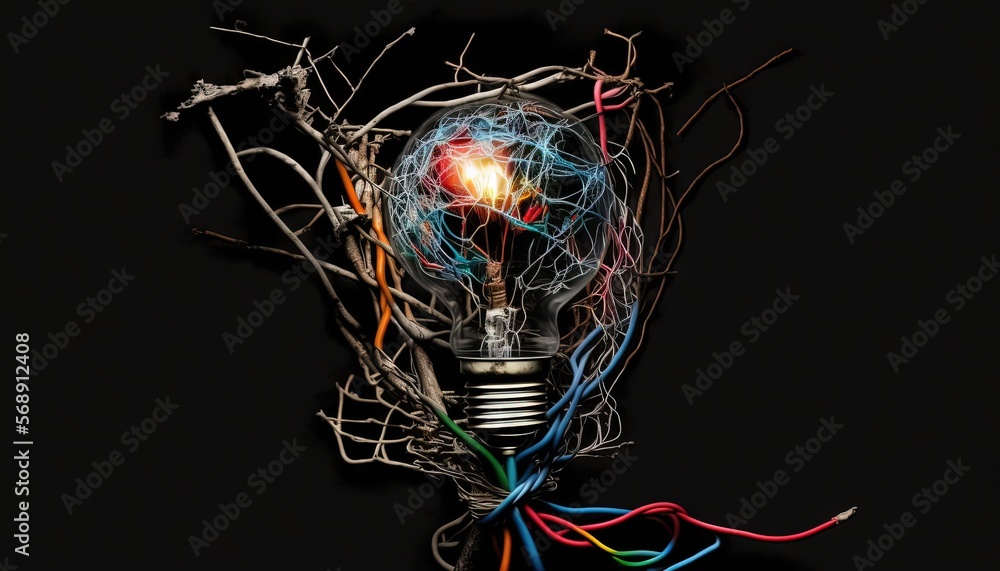 Poster a light bulb with wires wrapped around it on a black background with a tree branch in the center of 