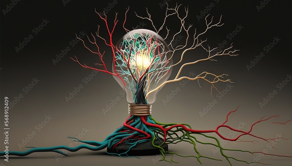 Poster a light bulb with a tree growing out of it's roots and a light bulb with a light bulb on it's side. 