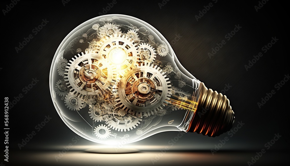 Poster a light bulb with gears inside of it on a black background with a light bulb in the shape of a light