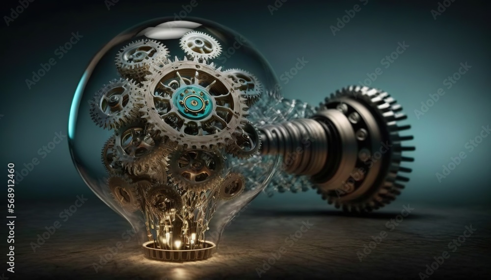 Poster a light bulb with gears inside of it on a dark surface with a blue light shining through the top of 