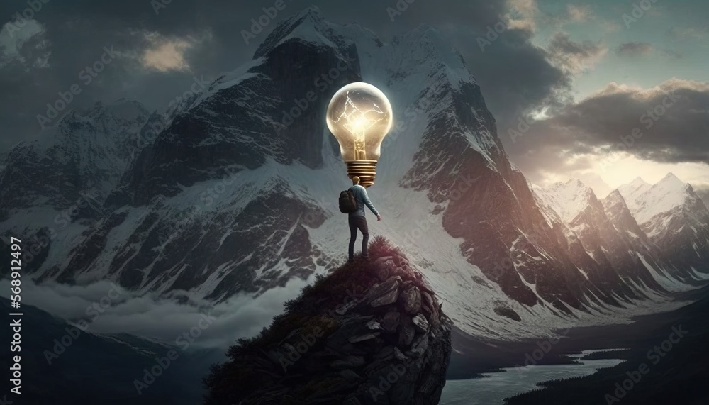 Poster a man standing on top of a mountain with a light bulb above his head and a mountain range in the bac