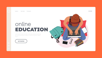 Online Education, Home Office Landing Page Template. Young Female Character with Laptop Top View Vector Illustration