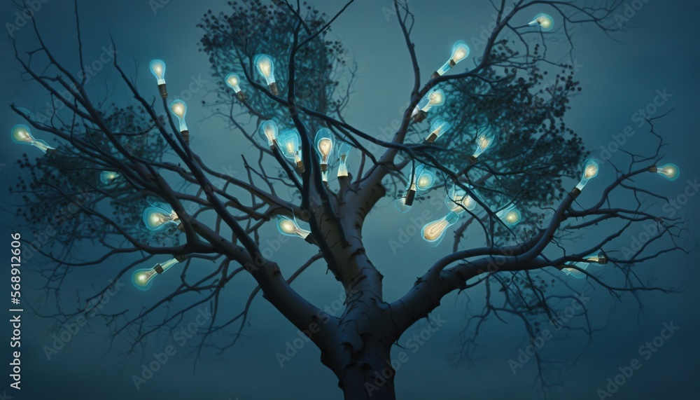 Poster a tree with a bunch of lights on it's branches in the night sky with a full moon in the distance in 