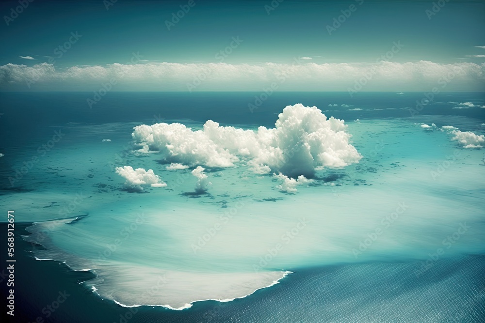 Poster an aerial view of the ocean with clouds in the sky and a beach in the foreground with a boat in the 