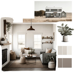 a cozy and minimalist farmhouse design decor mockup featuring muted boho decor with muted neutral tones, AI assisted finalized in Photoshop by me