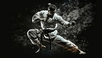 Karate master stance black and white - obrazy, fototapety, plakaty