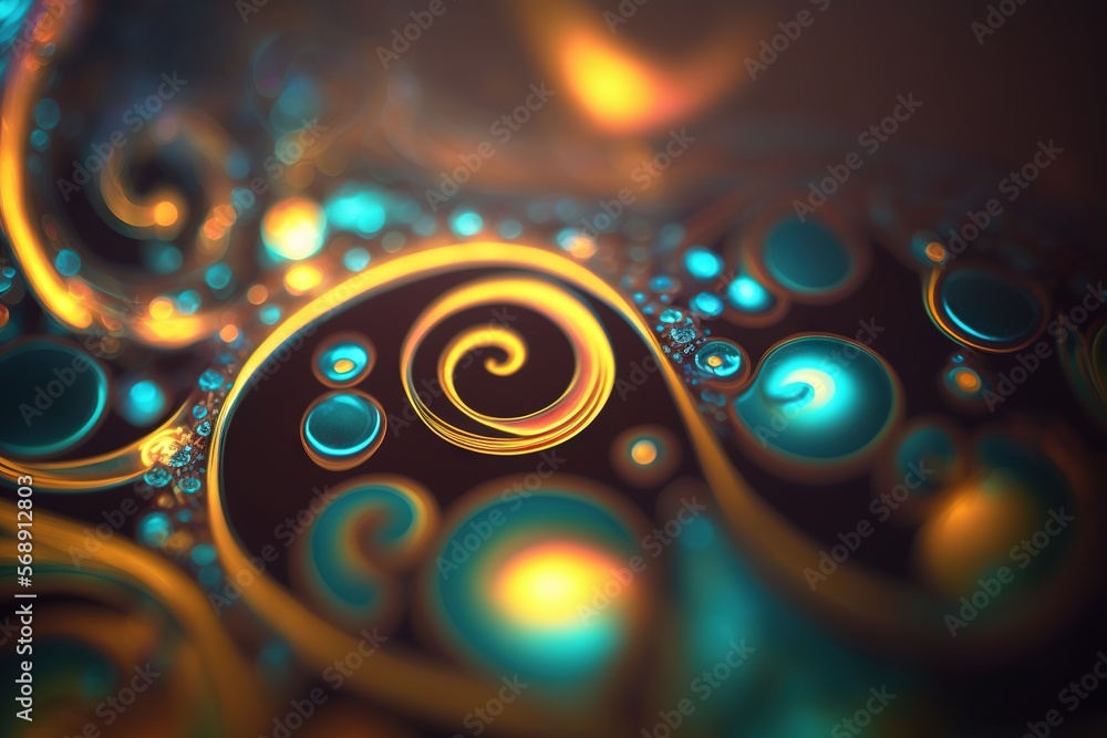 Poster a computer generated image of a swirly pattern in blue and yellow colors, with a black background an