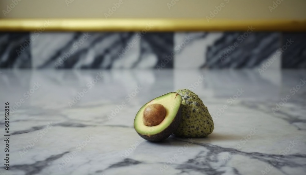 Poster an avocado on a marble table with a gold frame in the backgrouf of the picture and a marbled wall in