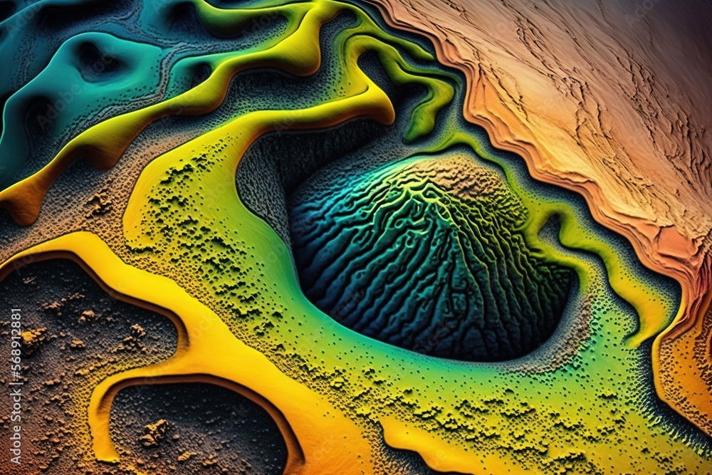 Poster a computer generated image of water and sand with a circular hole in the middle of the image, with a