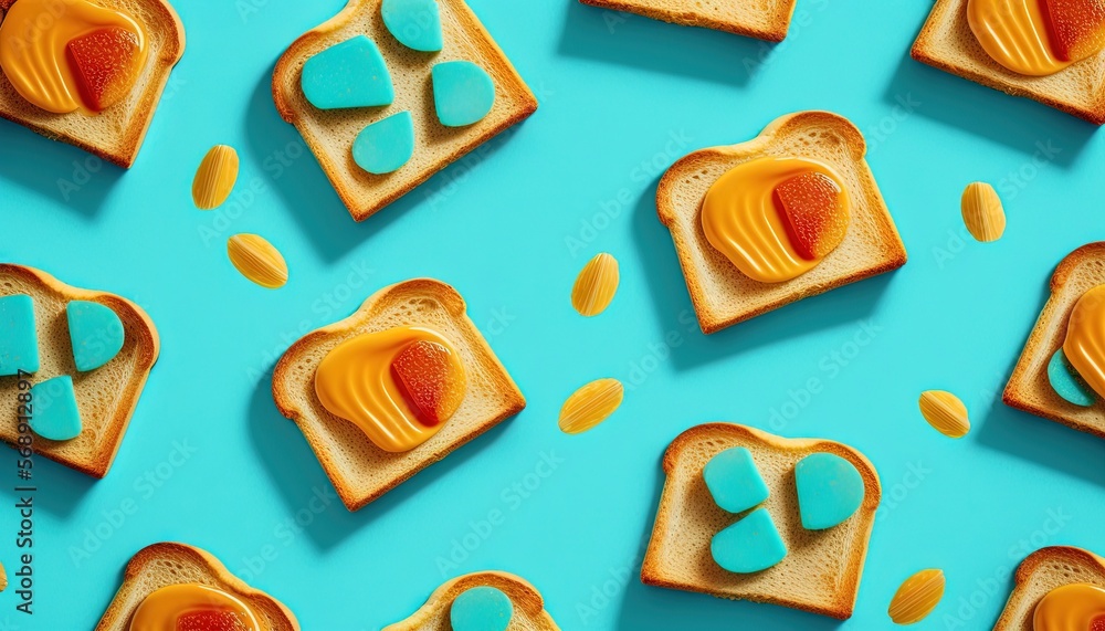 Poster peanut butter and jelly sandwiches on a blue surface with peanut butter and jelly on top of each toa