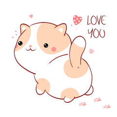 Cute Valentine card in kawaii style. Lovely fat cat with pink hearts. Inscription Love you. Can be used for t-shirt print, stickers, greeting card design. Vector illustration EPS8