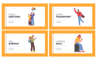 Tourism, Commuter Public Transport Landing Page Template. People Waiting Train on Railway Station Vector Illustration