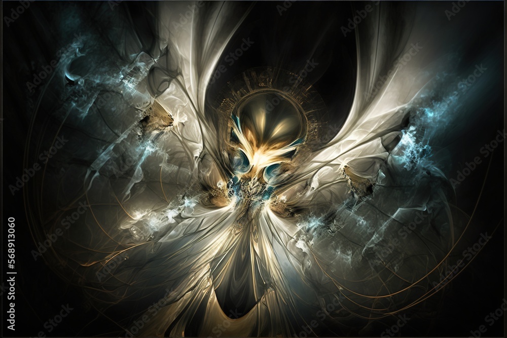 Poster a computer generated image of a skull surrounded by blue and gold swirls and bubbles in a black back
