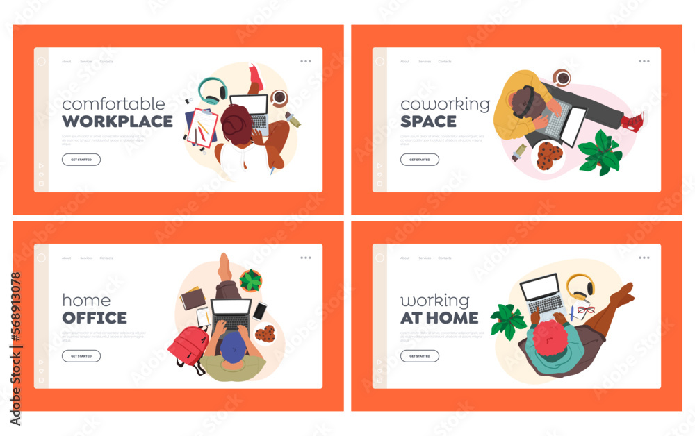 Poster characters with laptops top view landing page template set. freelancer, office worker or student sit