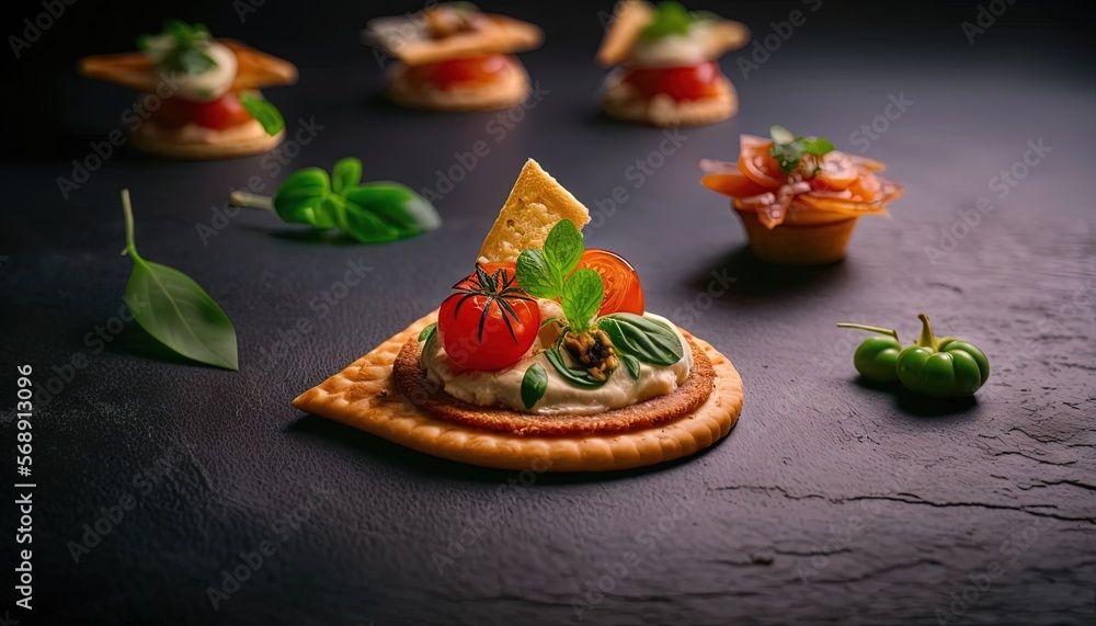 Aufkleber a table topped with crackers filled with different types of food