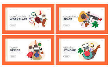 Characters with Laptops Top View Landing Page Template Set. Freelancer, Office Worker or Student Sitting with Notebooks