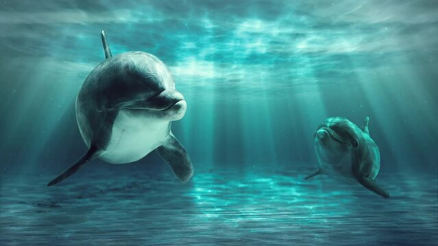 Dolphins Underwater. 4K Loop Animation.