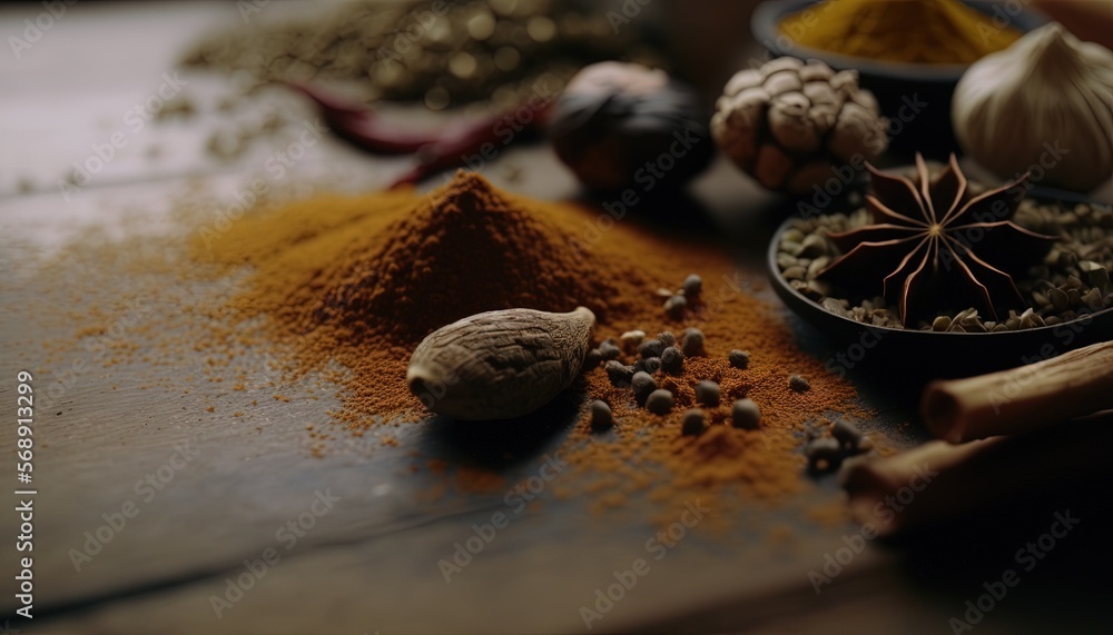 Poster a table topped with bowls filled with different types of spices and spices on top of eachother's sid