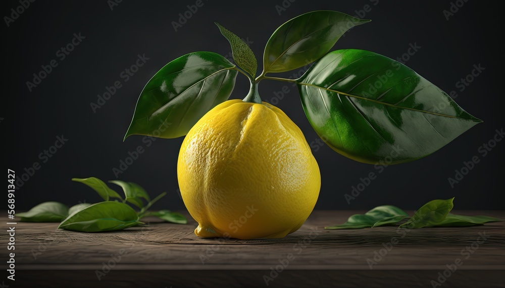Poster a lemon with a green leaf on a wooden table next to a lemon on a dark background with a dark backgro