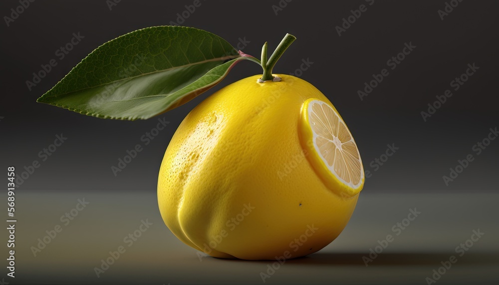 Poster a lemon with a slice cut out of it and a leaf on top of it, sitting on a gray surface with a black b
