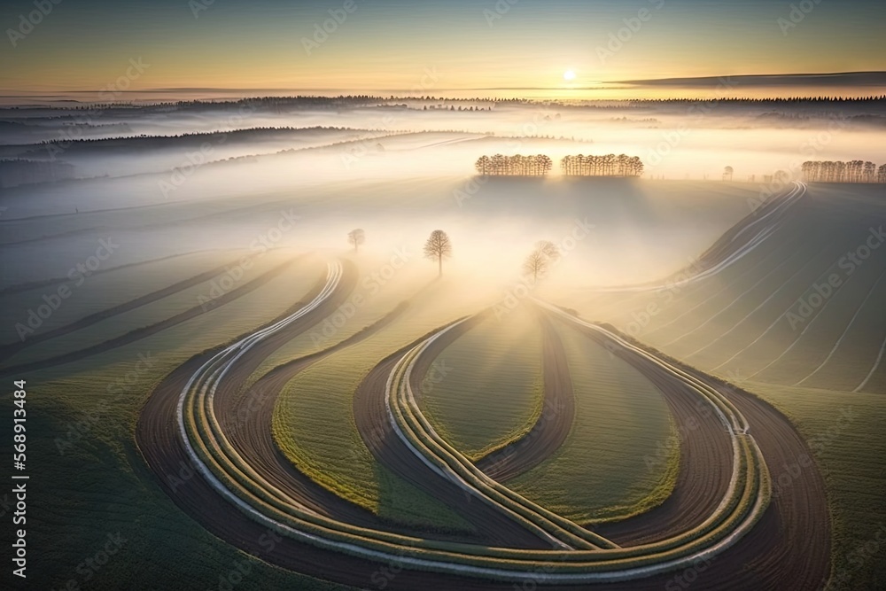 Poster a foggy landscape with a train track in the middle of it and trees on the other side of the track an