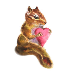 Watercolor image, forest chipmunk with hearb, isolated on white background. For valentine day poscads.