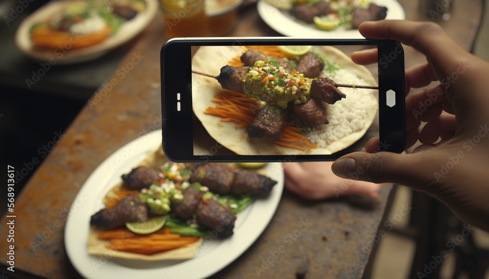 Poster a person taking a picture of a plate of food with a phone in front of them and a plate of food on a 