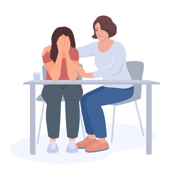 One woman supports another woman in sadness. Vector color isolated illustration.