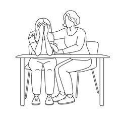 One woman supports another woman in sadness.Vector isolated illustration in outline style.