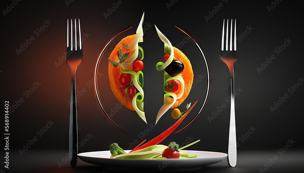 Poster a plate of food with a fork and knife and a knife and fork on the plate and a fork and knife on the 