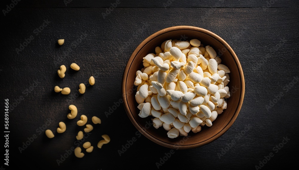 Poster a bowl filled with marshmallows on top of a black table next to a pair of scissors and a pair of eye