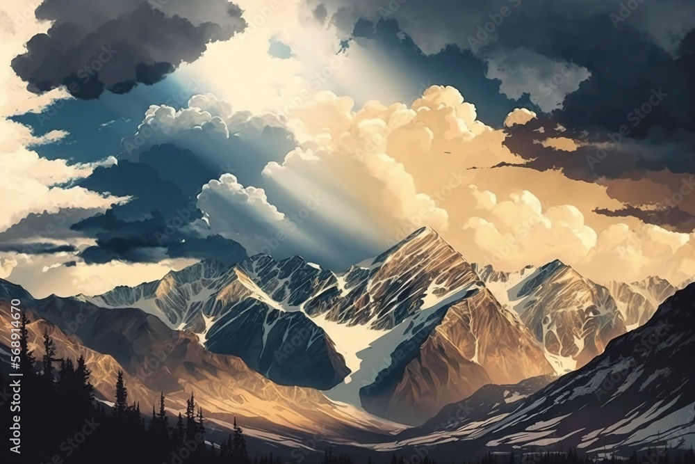 Poster a painting of a mountain range with clouds in the sky and sun rays coming through the clouds over th