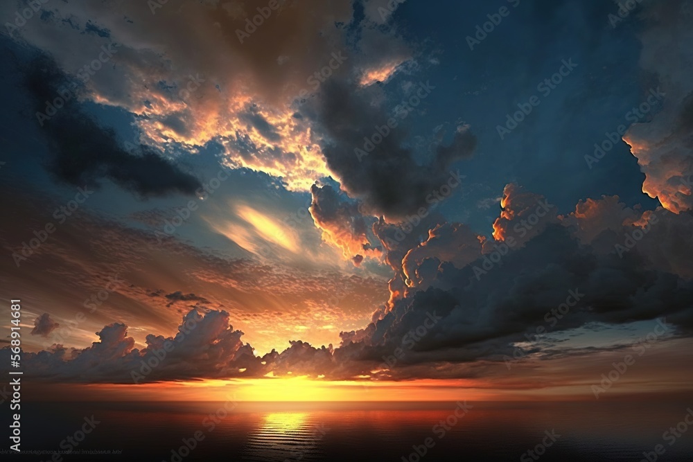 Poster the sun is setting over the ocean with clouds in the sky and the water below the clouds is reflectin