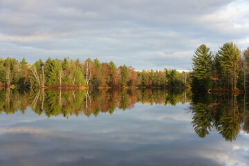 Lake with calm water and mirror reflections of fall colors
