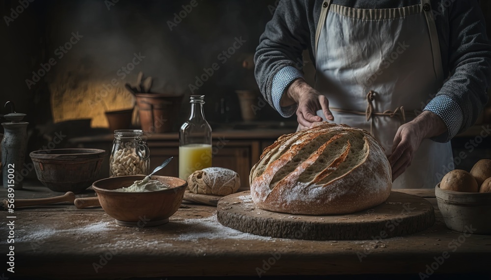 Poster a person in an apron making bread on a wooden table with other breads and bottles of juice on the ta
