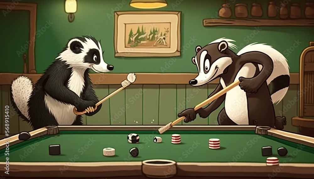 Poster a couple of animals playing a game of pool in a room with green walls and a pool table with cues and