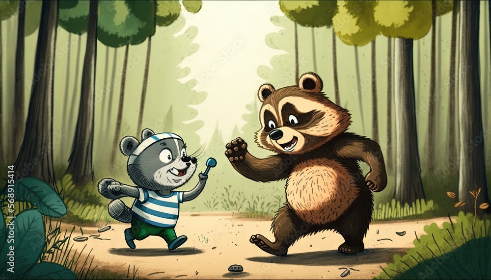 Poster a bear and a raccoon in a forest with a person pointing at them with a stick in the foreground of th