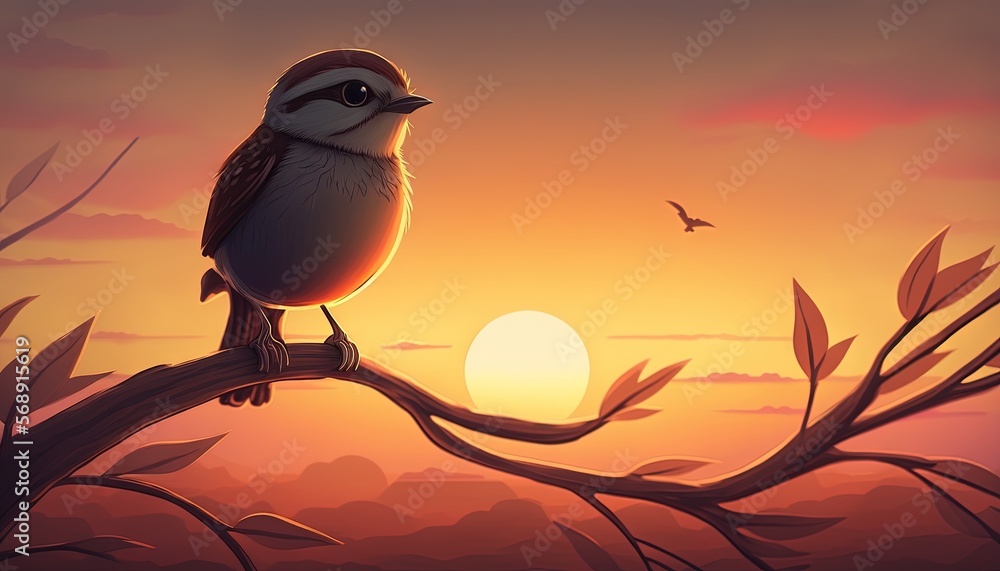 Poster a bird sitting on a tree branch in front of a sunset with a bird flying in the distance and a bird i