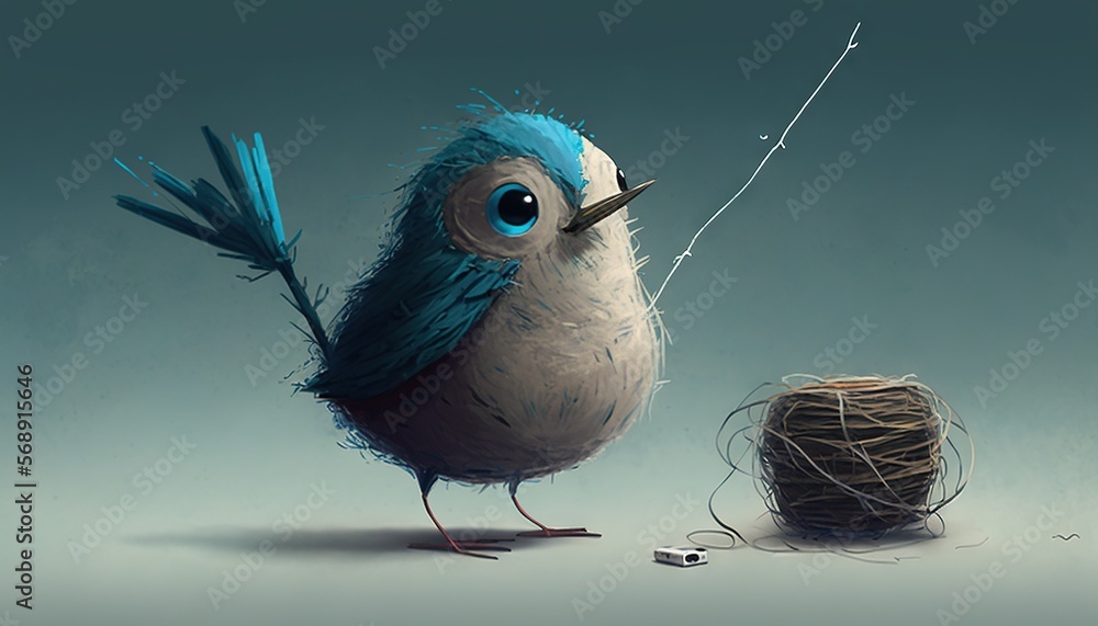 Poster a blue and white bird standing next to a ball of string and a ball of yarn on a tablecloth on a gray