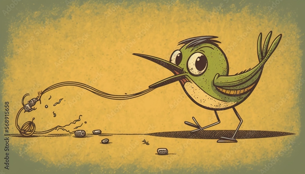 Aufkleber a cartoon bird with a string in its mouth and a ball of thread in its mouth, running away from a pil