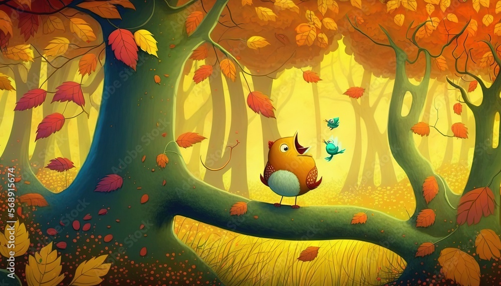 Poster a painting of a bird sitting on a tree branch in a forest with leaves on the ground and a bird flyin