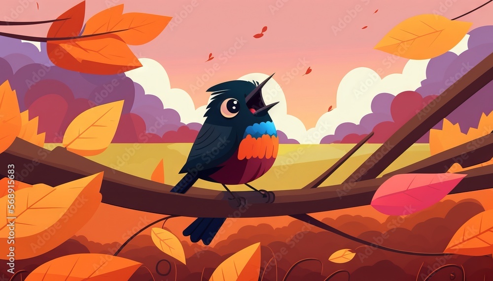 Poster a bird sitting on a branch in a tree with autumn leaves around it and a pink sky in the background w