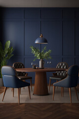 Home mockup, modern dark blue dining room interior with brown leather chairs, wooden table and decor, AI assisted finalized in Photoshop by me