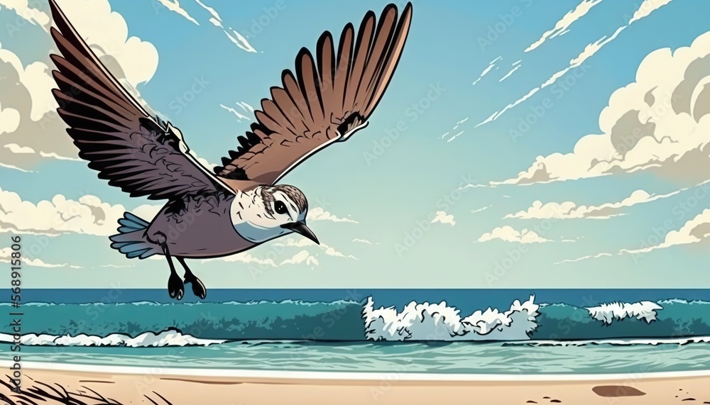 Poster a bird flying over a beach next to the ocean with a wave coming in to shore and clouds in the sky ab