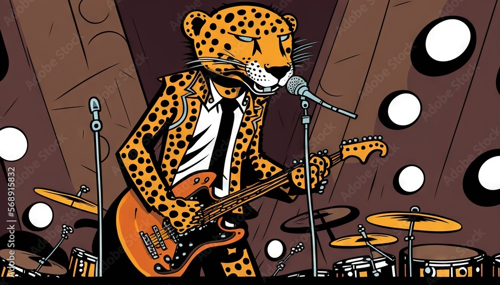 Poster a cartoon of a leopard playing a guitar and singing into a microphone with a microphone stand behind