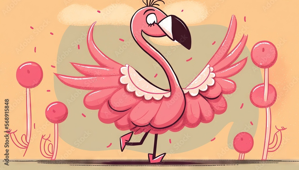 Poster a pink flamingo is standing in the middle of a field of pink balls and a yellow background with a pi