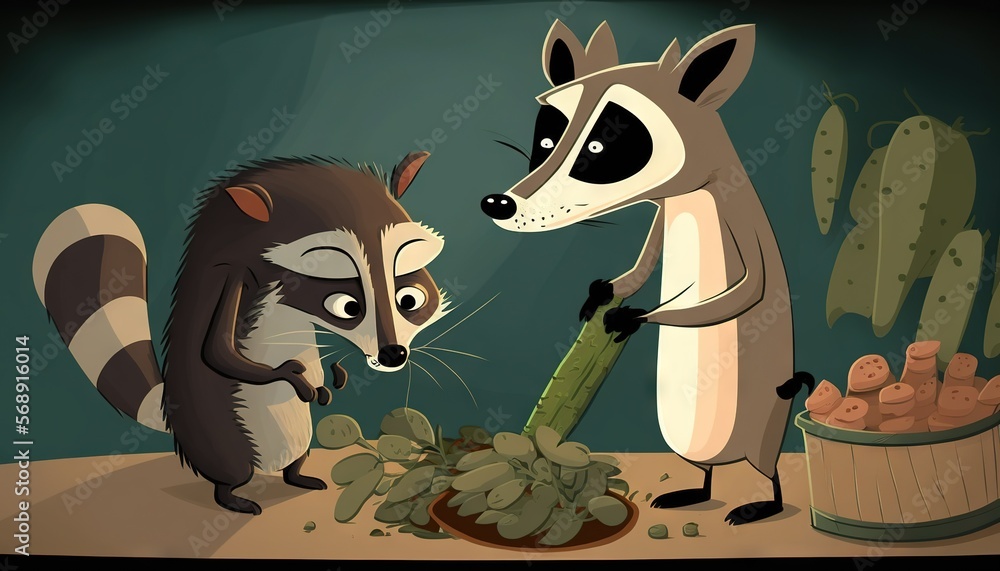 Poster a couple of raccoons standing next to each other near a barrel of cacti and cacti on a table with ca