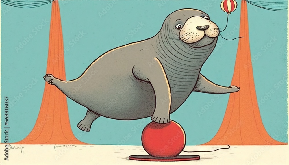 Poster a seal is balancing on a ball with a string attached to it's neck and a string attached to its neck,