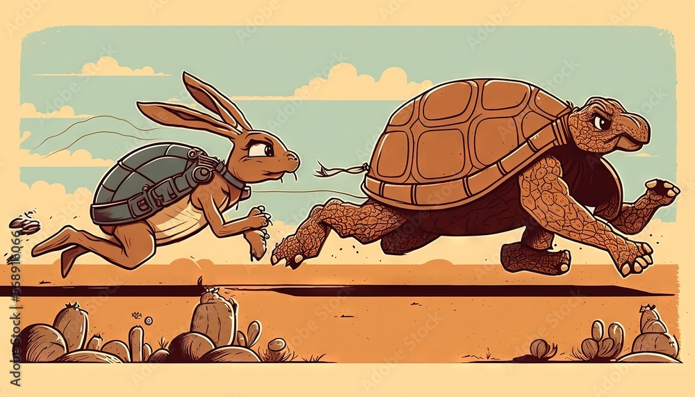 Poster a cartoon of a turtle chasing a rabbit on a race track with a turtle on its back and a rabbit on its