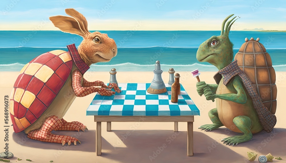 Poster a painting of two tortoises playing chess on the beach with a turtle sitting on a chess board and an